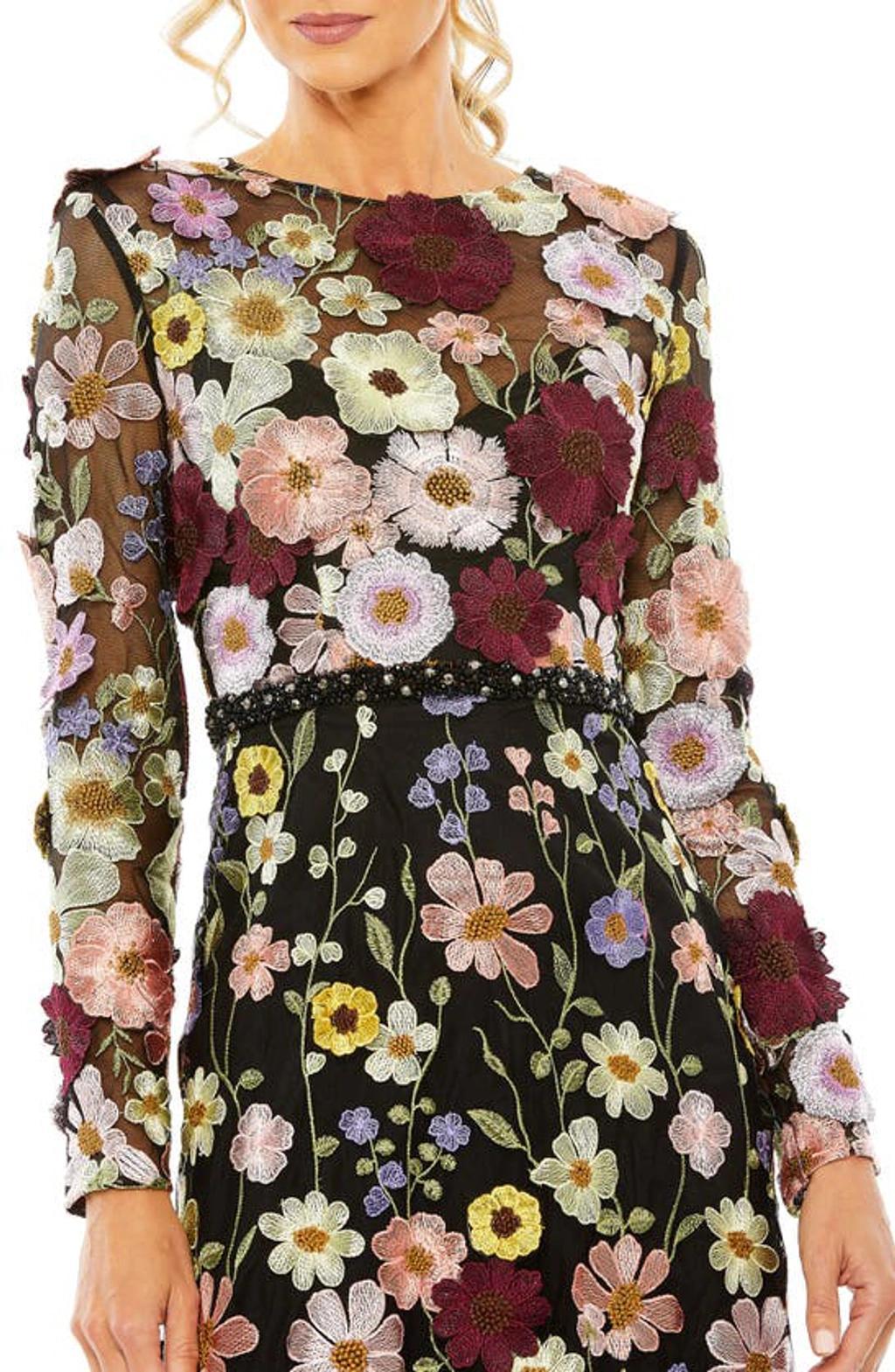 Floral Embroidered Long Sleeve Cocktail Dress In Black Multi Product Image