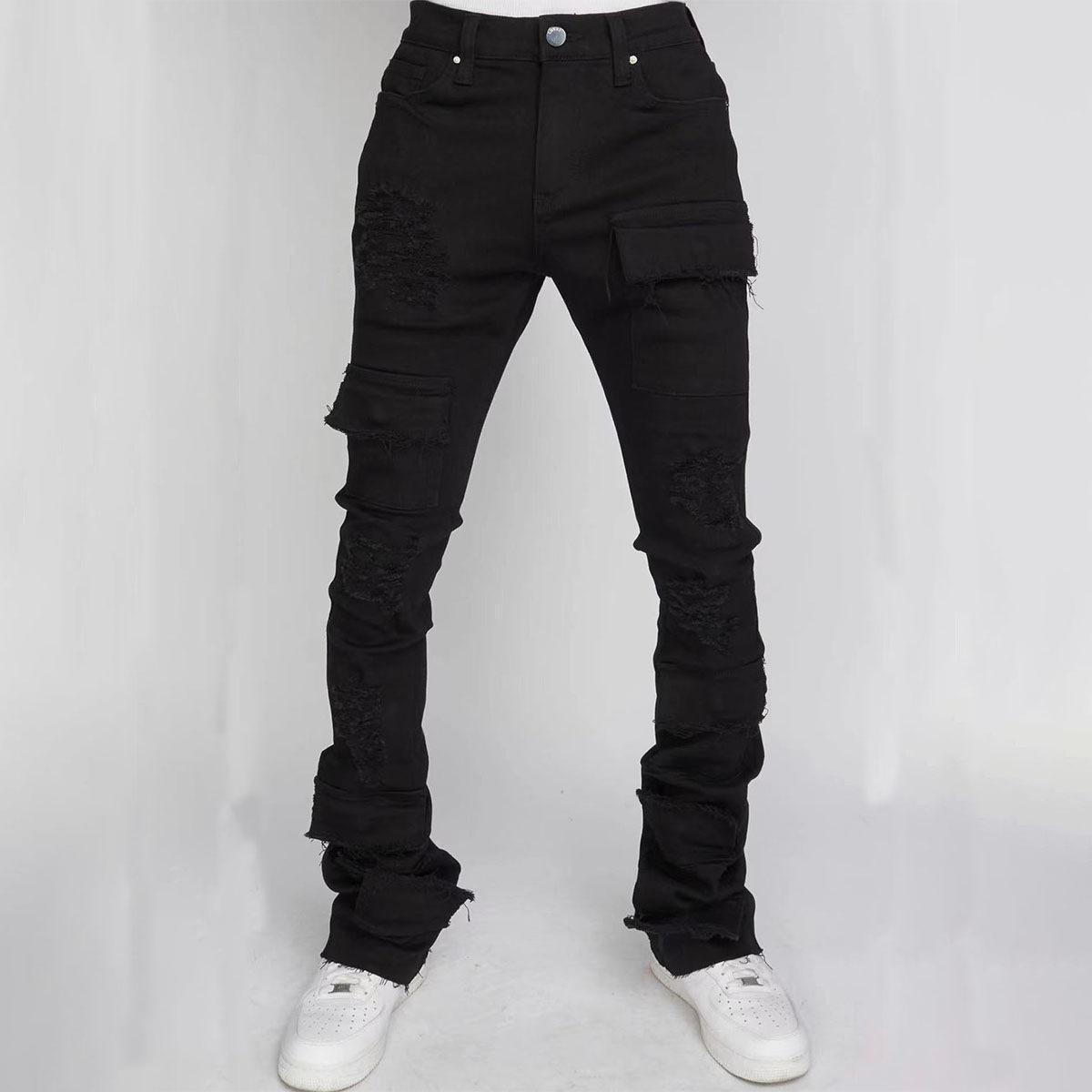 Men's Hiphop Fashion Stretch Ripped Denim Layered Jeans Product Image