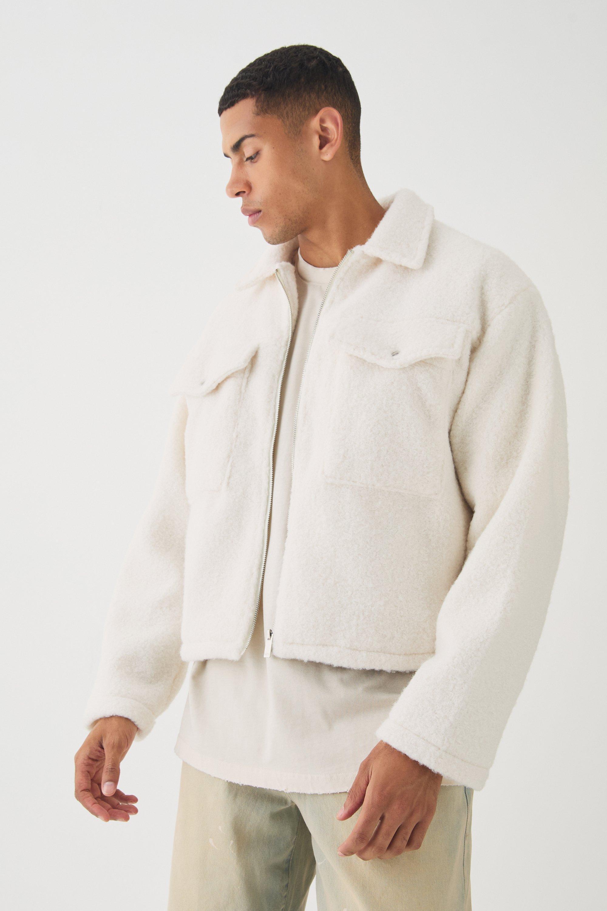 Boxy Boucle Harrington Jacket In Ecru | boohooMAN USA Product Image