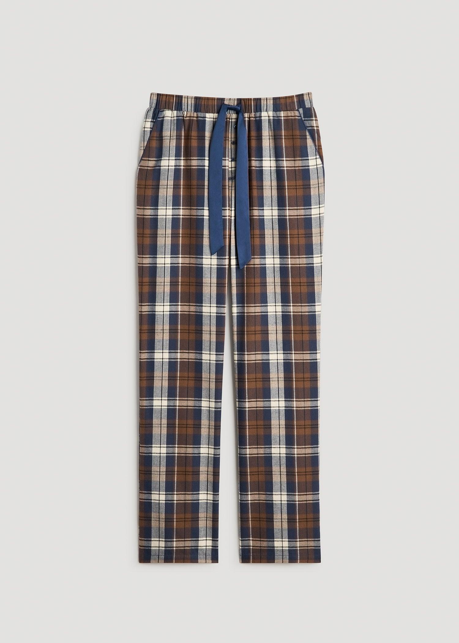 Open-Bottom Flannel Women's Tall Pajama Pants in Brown Blue Plaid Female Product Image