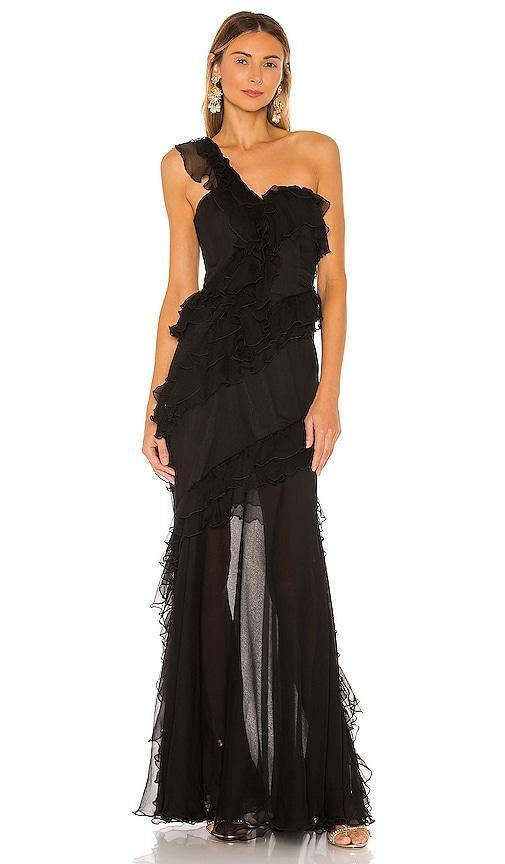 Womens Harlow One-Shoulder Ruffle & Sheer Gown Product Image