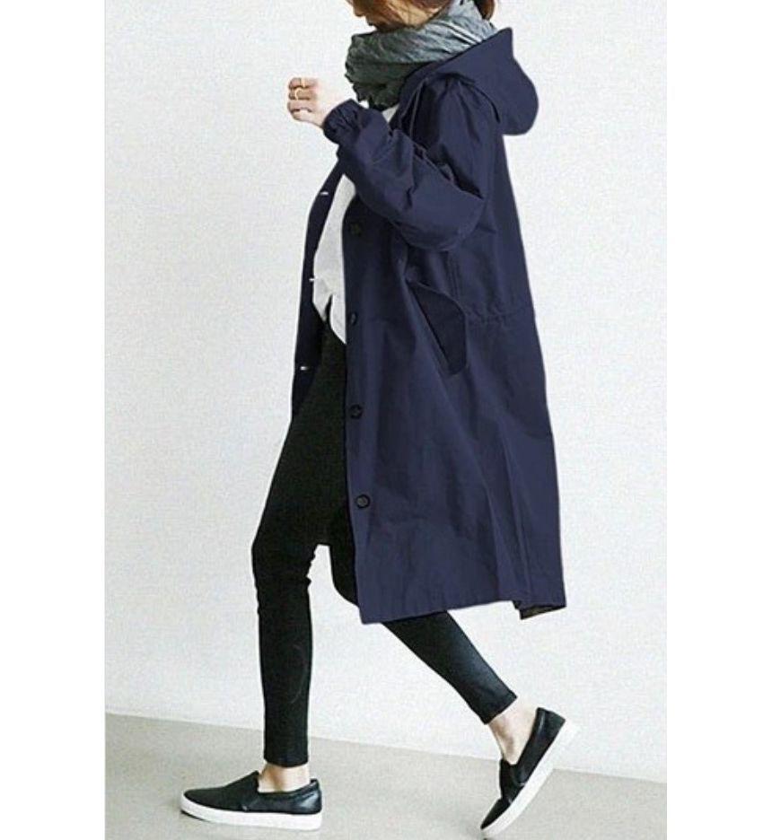 Plain Hooded Long Single-Breasted Trench Jacket Product Image