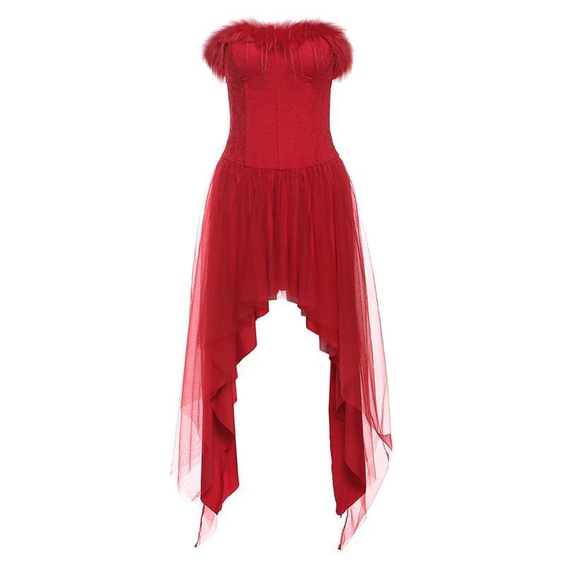 Sleeveless Furry-Trim Plain Slim-Fit Asymmetric-Hem Mini A-Line Dress Product Image