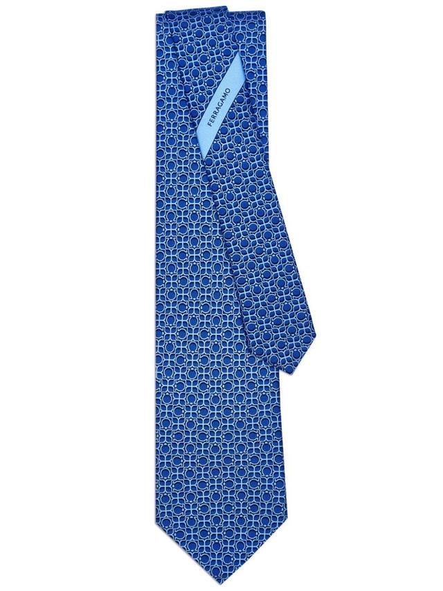 FERRAGAMO Man Totem Print Silk Tie In Marine Blue Product Image