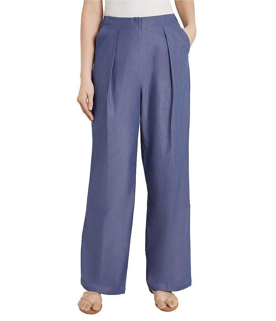 MISOOK Chambray Pleated Pocketed Wide Leg Pants Product Image