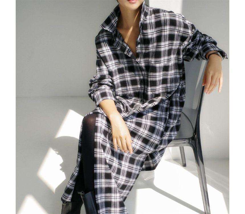 Long-Sleeve Plaid Maxi Shirt Dress Product Image