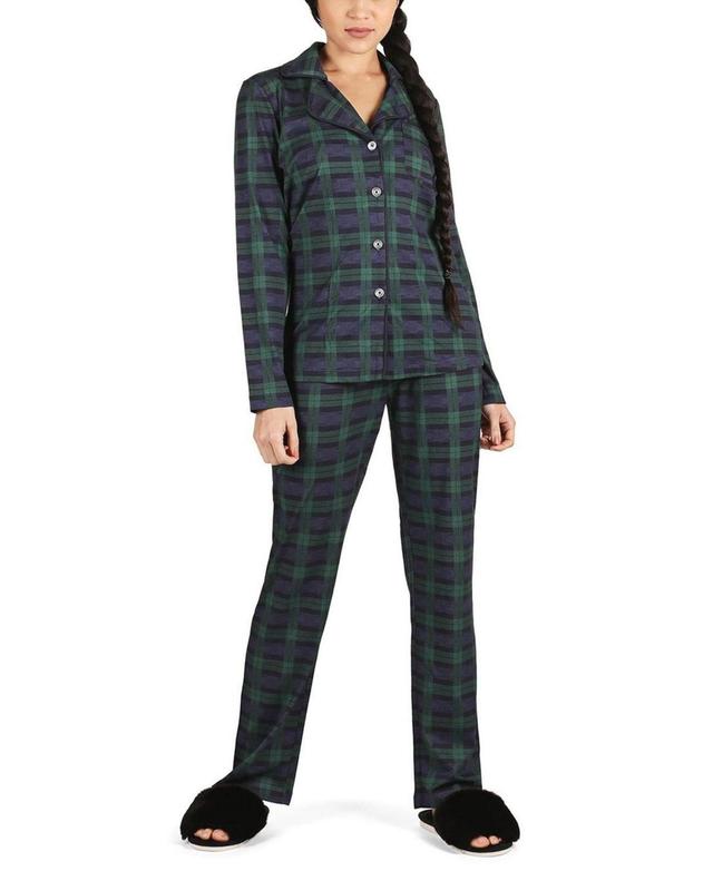 MeMoi Womens Plaid Notch Collar Cotton Blend Pajama Set Product Image