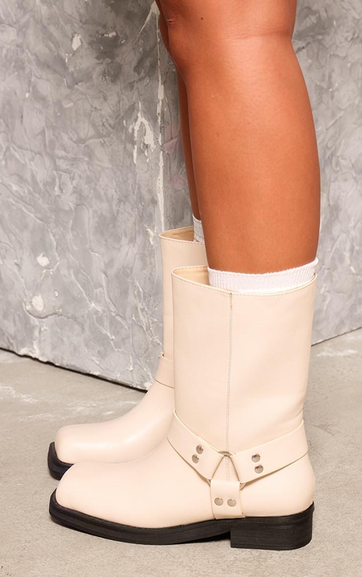 Beige PU Square Toe Buckle Detail Ankle Boots Product Image