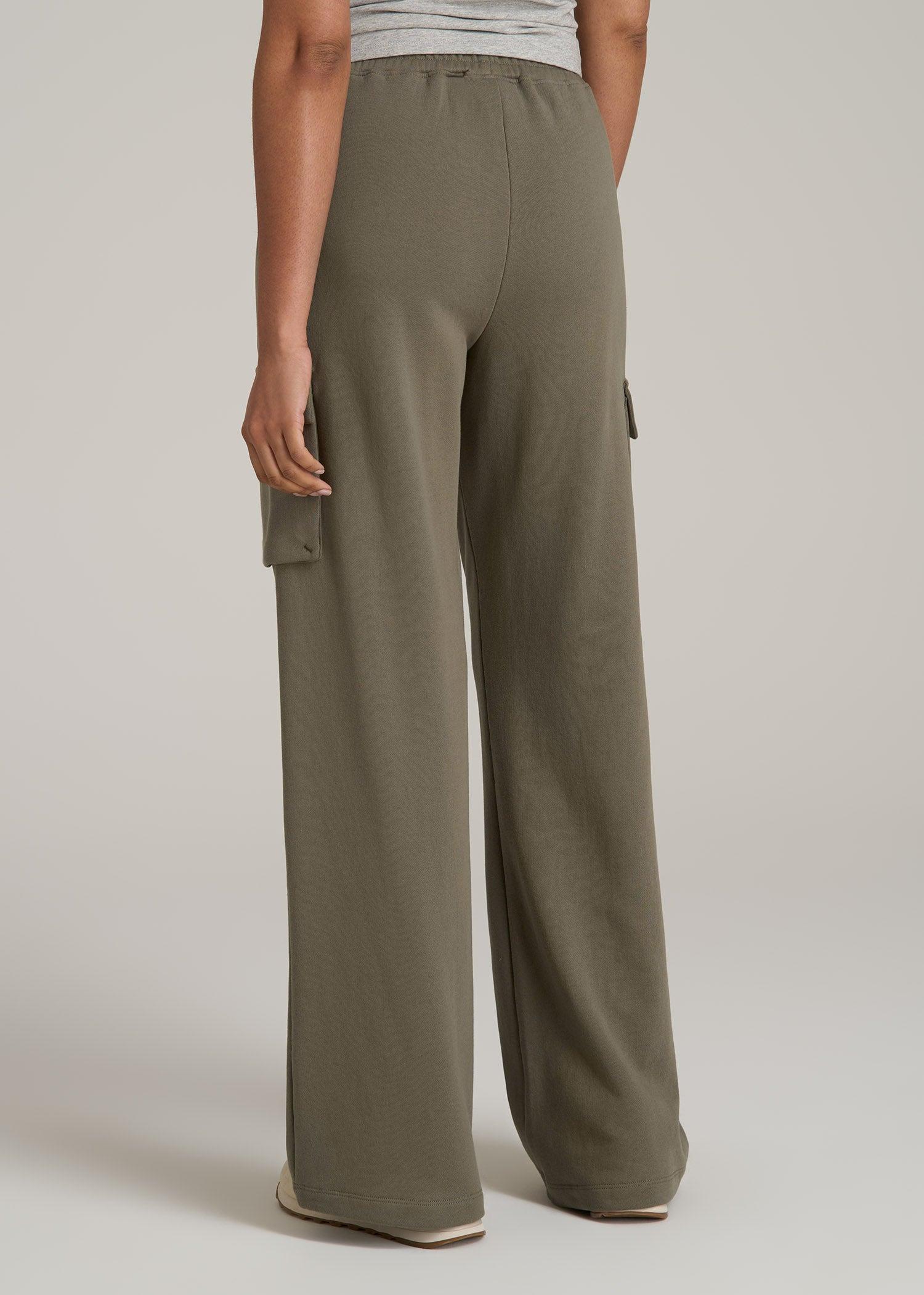 French Terry Wide Leg Cargo Sweatpants for Tall Women in Camper Green Product Image