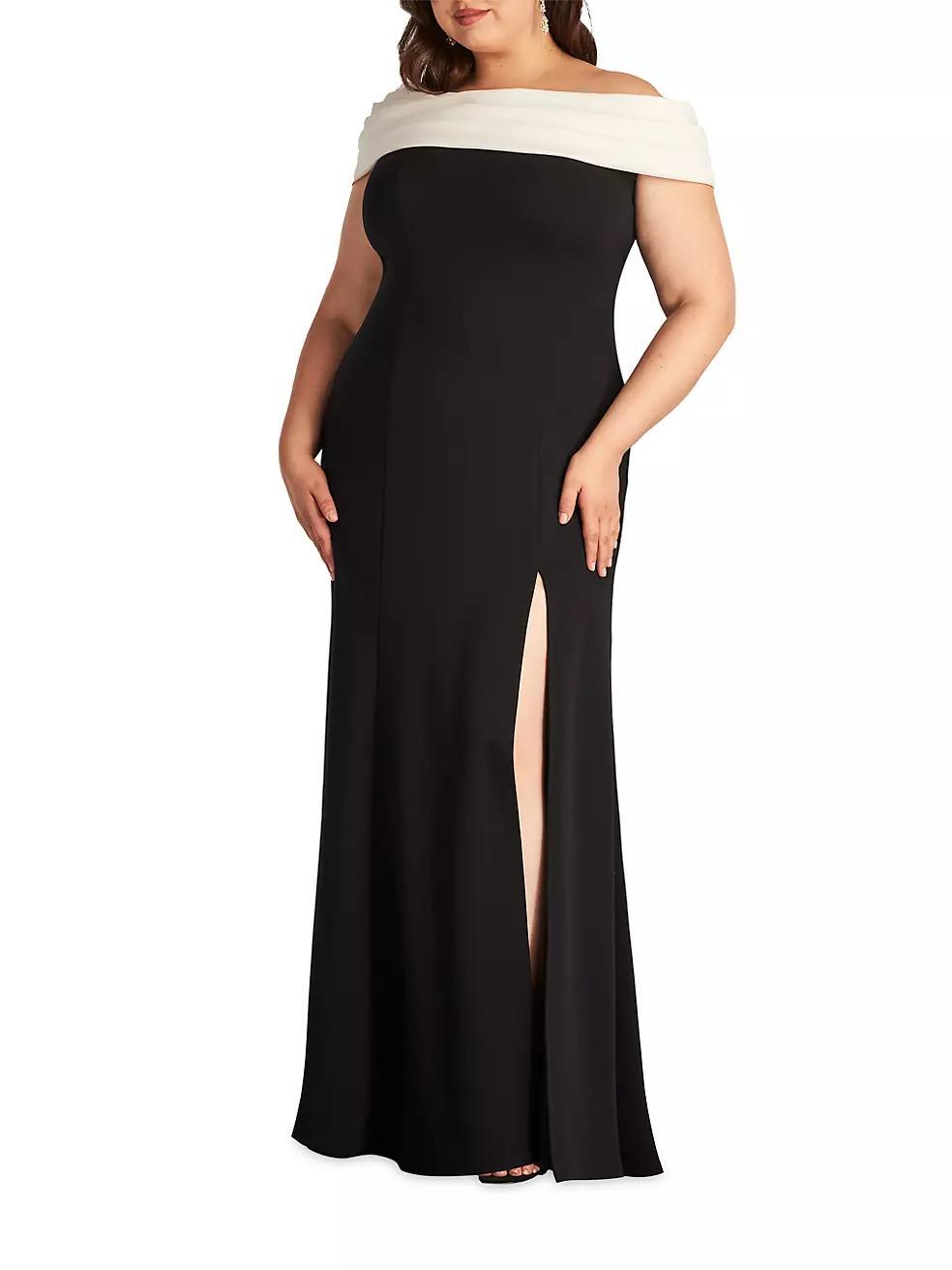 Plus Crepe Contrast Off-The-Shoulder Gown Product Image