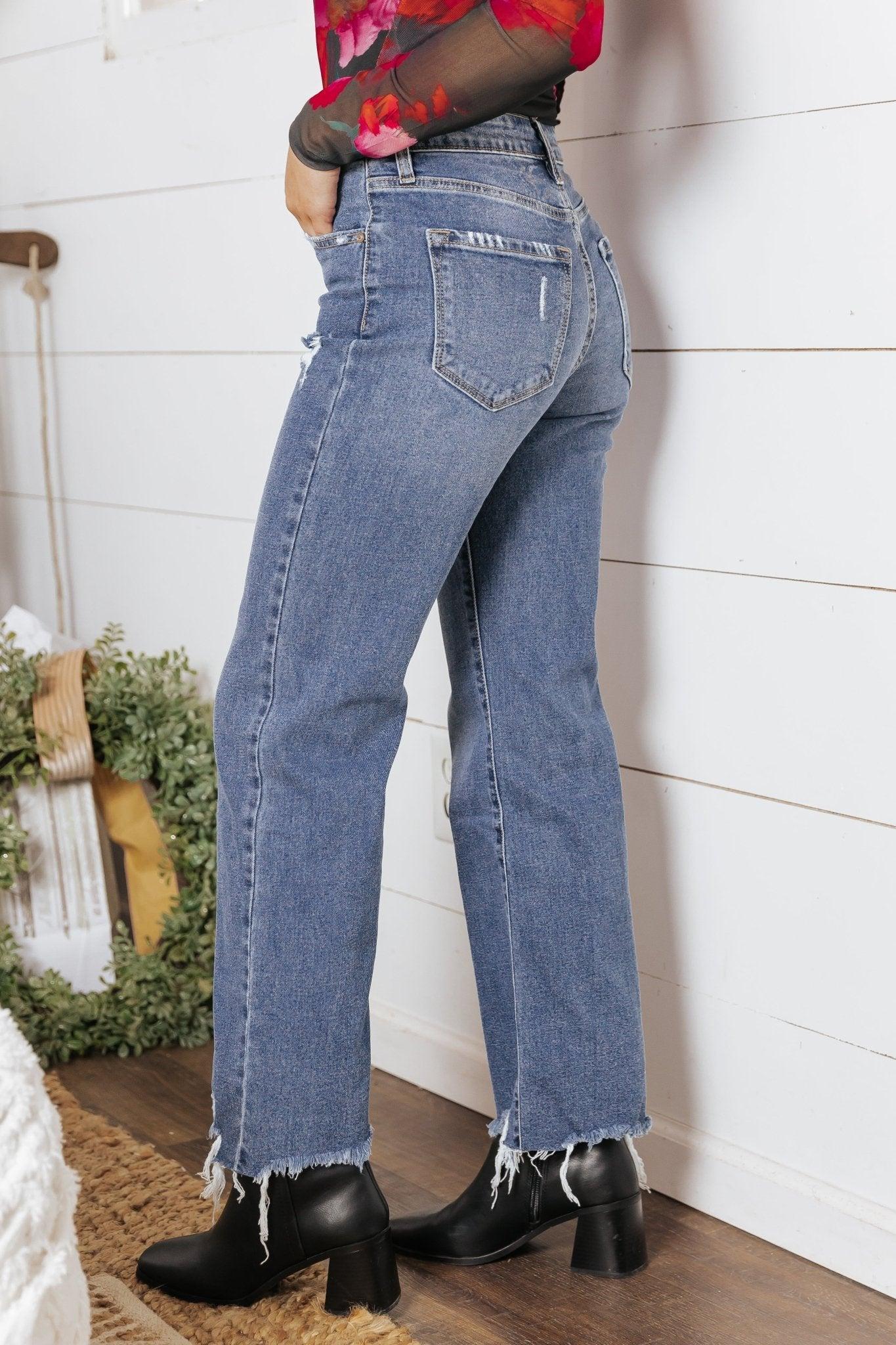 Medium Wash High Rise Distressed Jeans Product Image