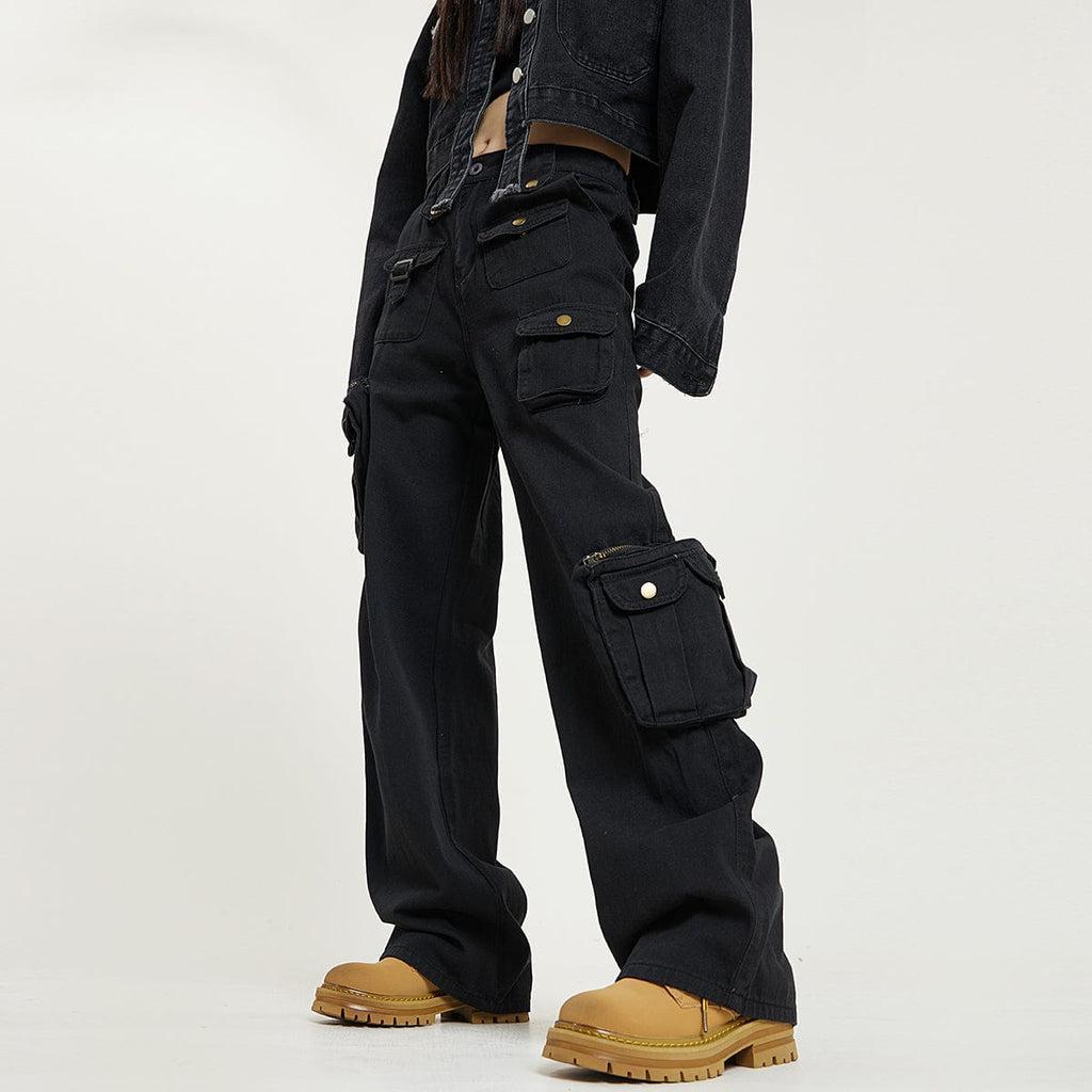 RTK (W) No. 1009 BLACK MULTI POCKET DRAPE STRAIGHT JEANS Product Image