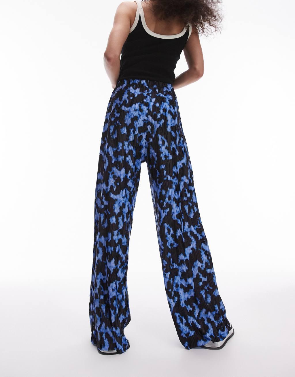 Topshop blurred crinkle plisse wide leg pants in cobalt Product Image