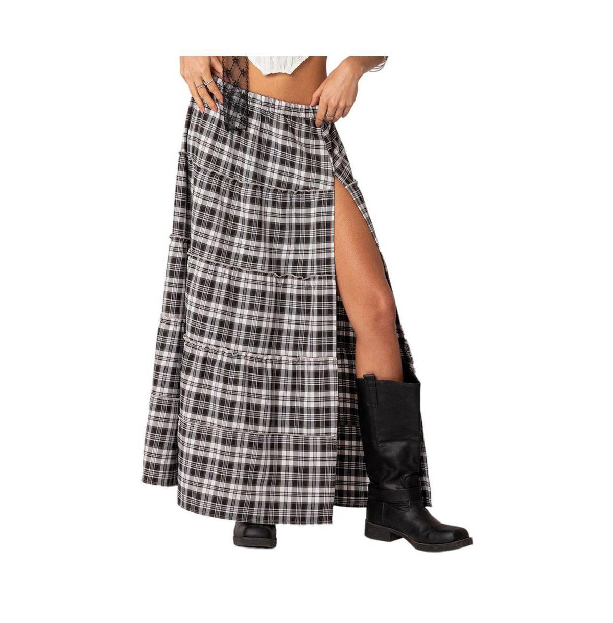 EDIKTED Plaid Tiered Slit Maxi Skirt Product Image