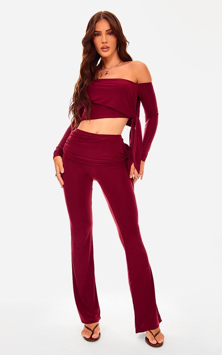 Burgundy Slinky Ruched Tie Detail Flare Trousers Product Image