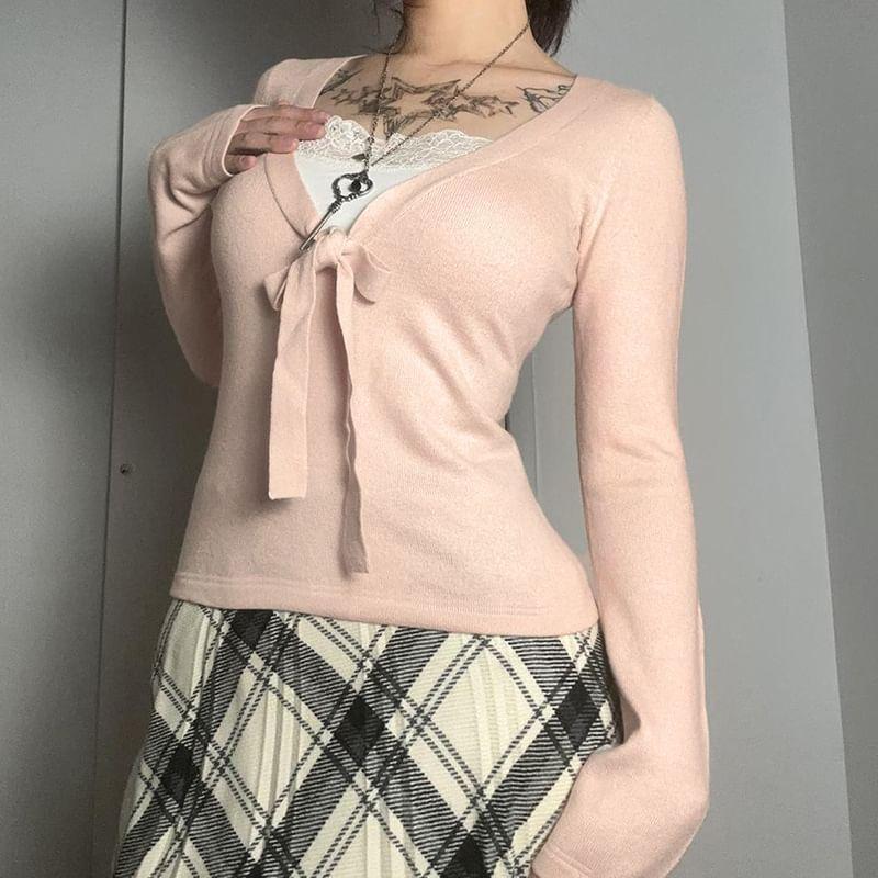 Long Sleeve V-Neck Bowknot Mock Two Piece Crop Top Product Image