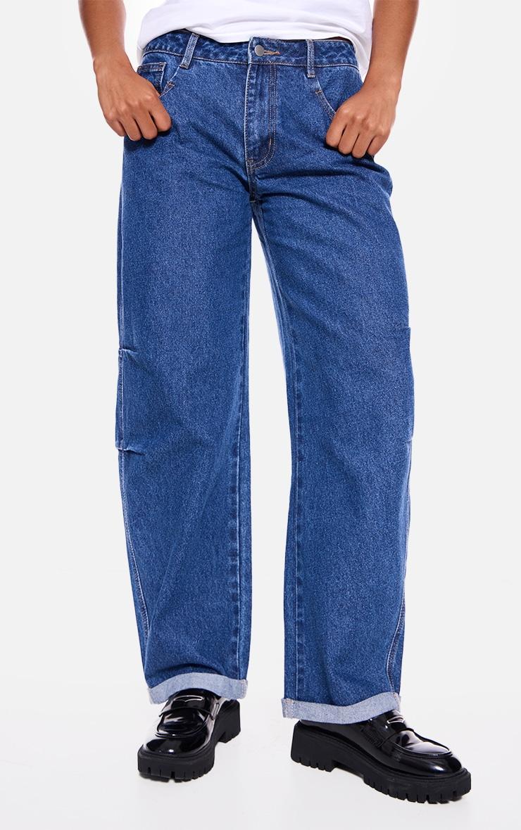 Mid Blue Wash Turn Up Hem Barrel Style Jeans Product Image