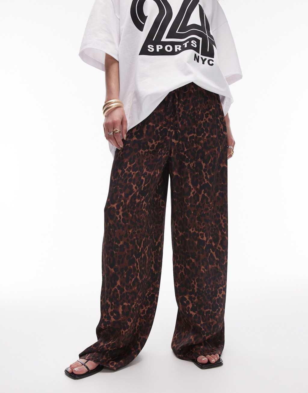 Topshop satin straight leg tie waist pants in dark leopard Product Image