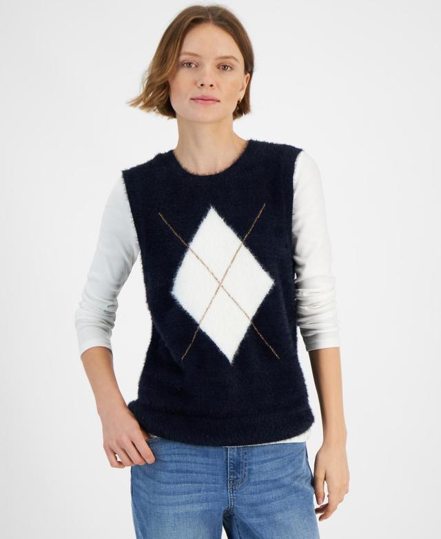 Tommy Hilfiger Womens Fuzzy Argyle Sweater Vest Product Image