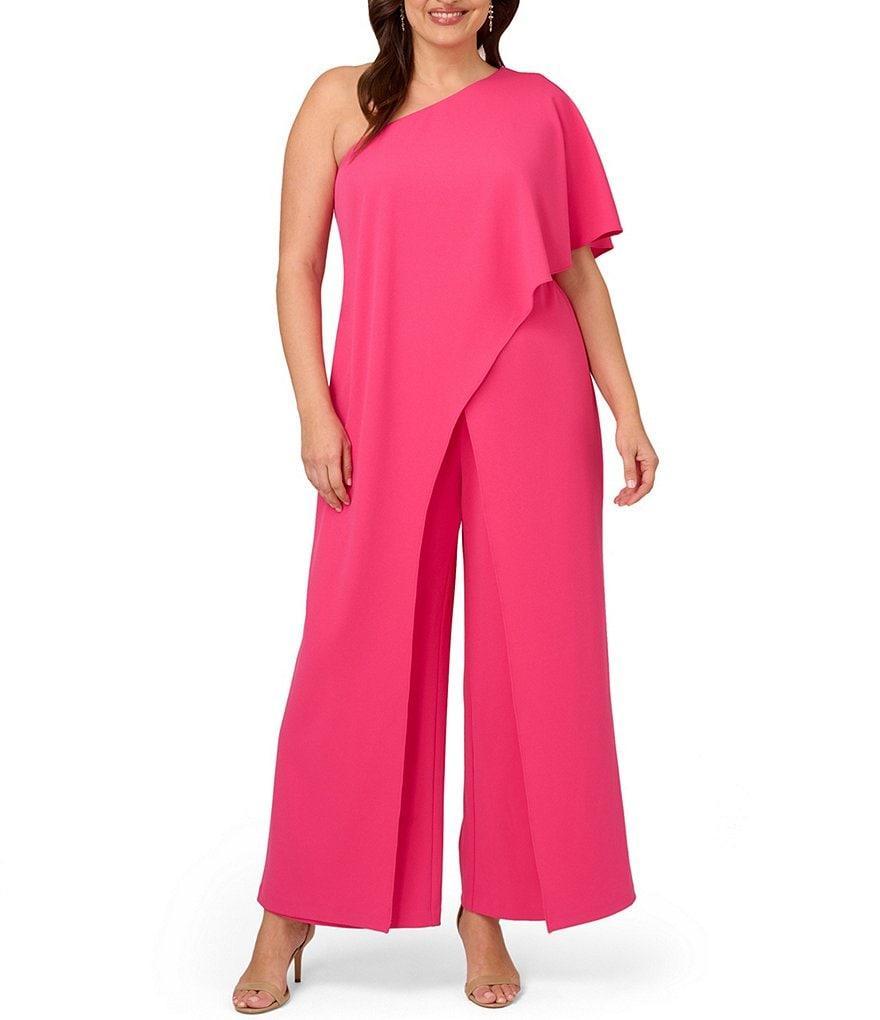 Adrianna Papell Plus Size One Shoulder Overlay Sleeve Wide Leg Jumpsuit Product Image