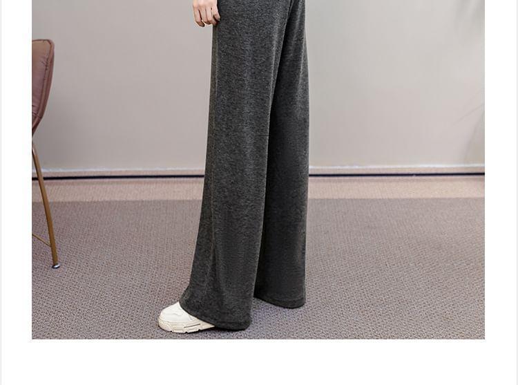 Set: Long-Sleeve Scoop Neck Mock Two-Piece Two Tone Zip-Up Top + High Waist Plain Wide Leg Pants Product Image