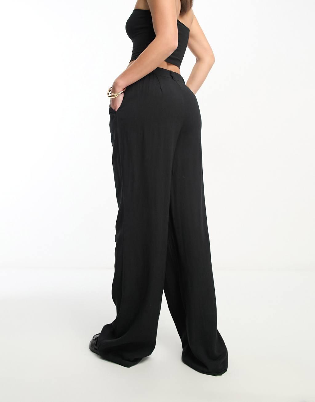 ASOS DESIGN Tall wide leg dad pants with linen in black  Product Image