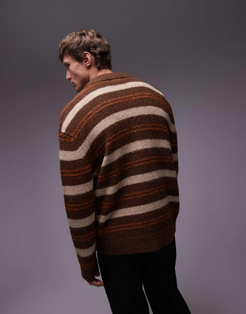 Topman relaxed polo cardigan in brushed brown stripe Product Image