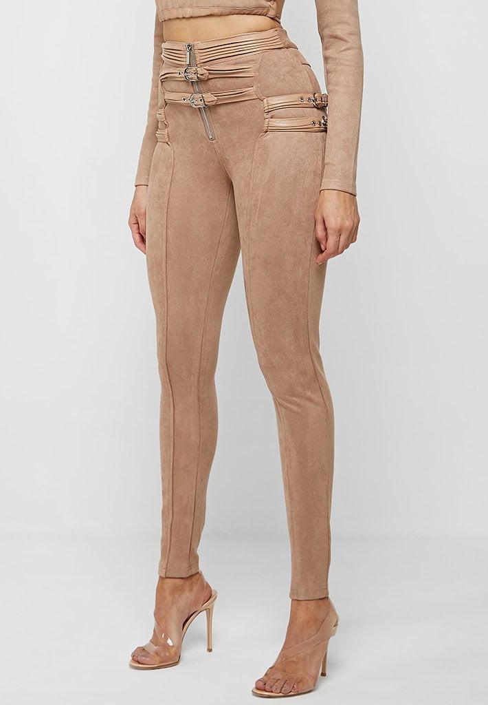 Buckle Detail Vegan Suede Leggings - Beige Female Product Image