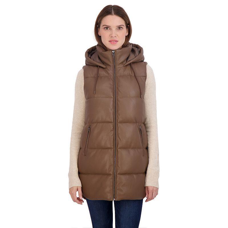 Sebby Collection Womens Puffer Faux Leather Vest with Hood Product Image