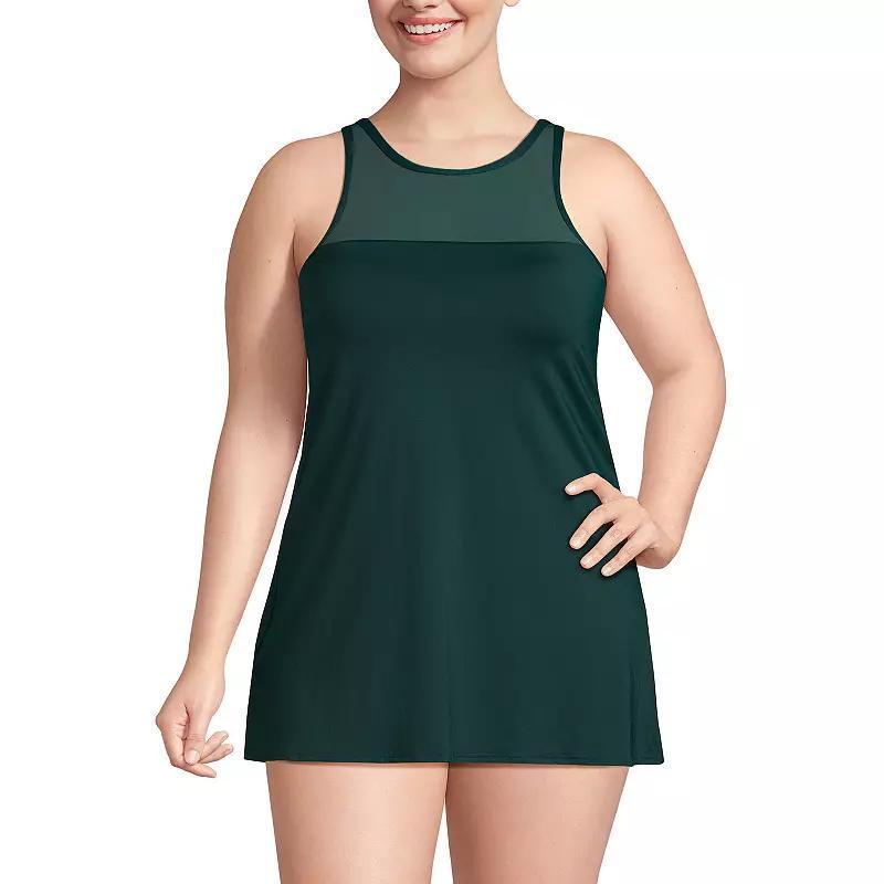 Plus Size Lands End Chlorine Resistant Smoothing Control Mesh High Neck Swimdress Swimsuit, Womens Product Image