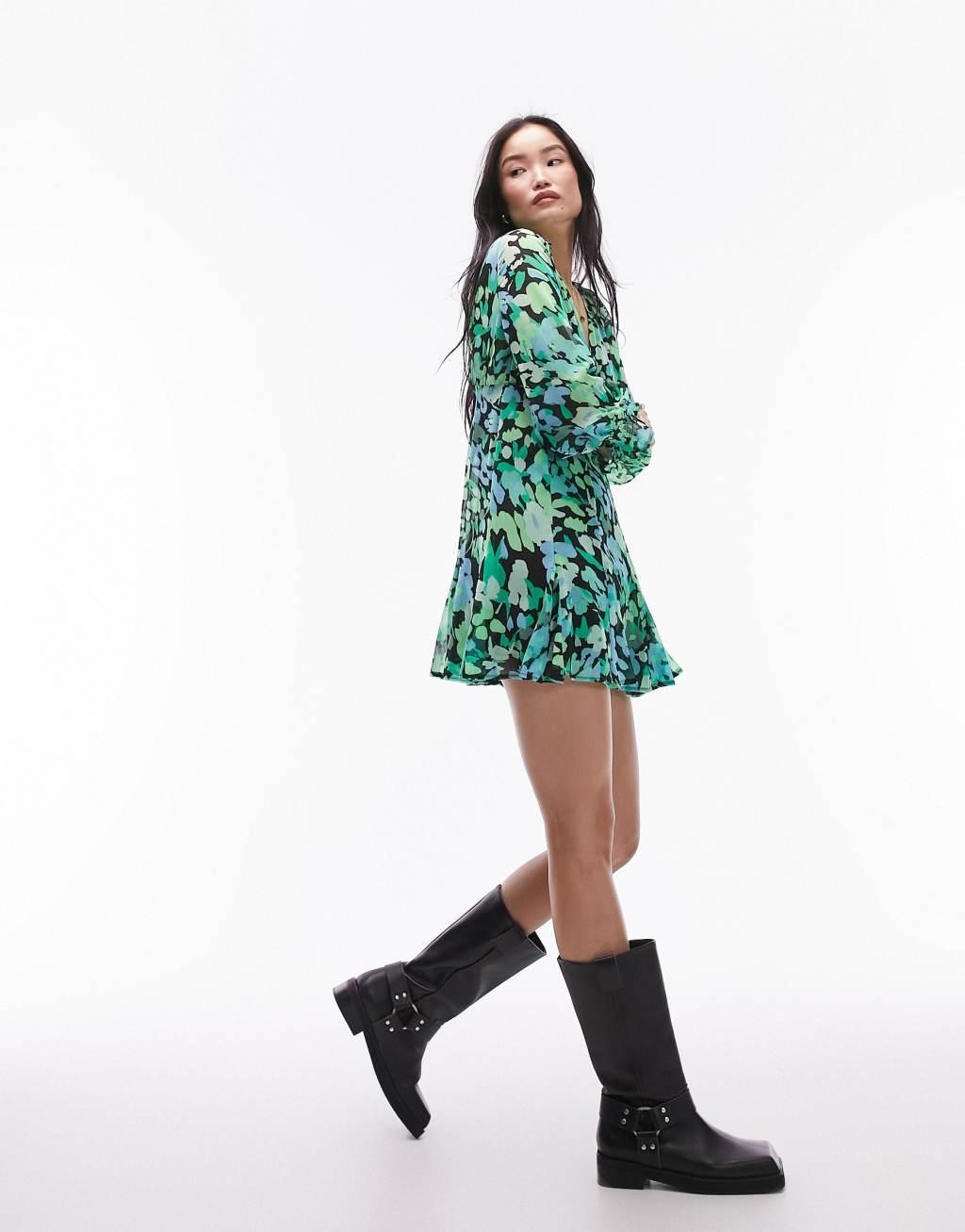 Topshop long sleeve godet mini tea dress in green floral print Product Image