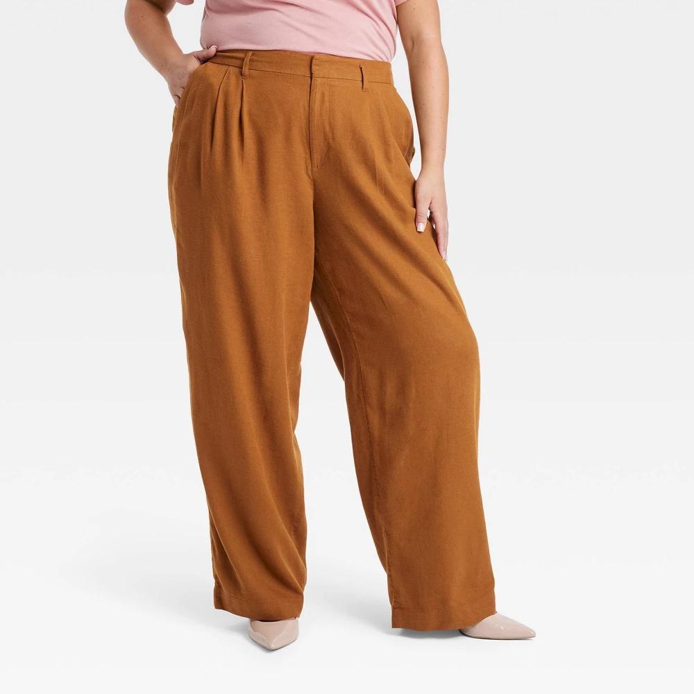 Womens High-Rise Linen Pleat Front Straight Trousers - A New Day Rust 17 Product Image