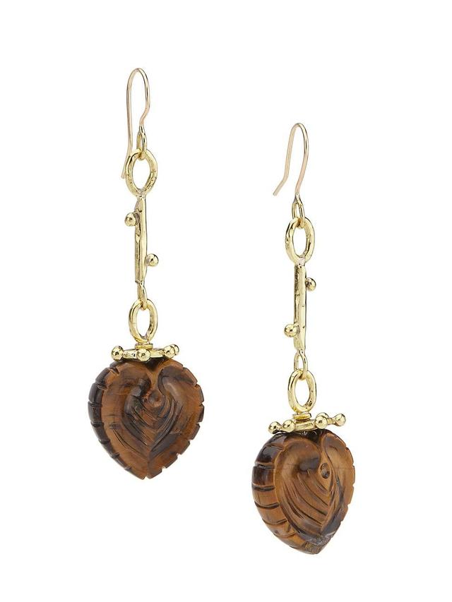 Womens Carved Gemstone Heart Goldtone & Tigers Eye Drop Earrings Product Image