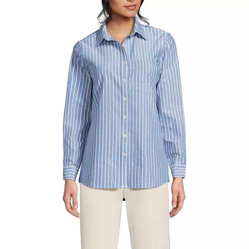 Womens Lands End Long Sleeve Classic Oxford Dress Shirt Blue Blue Stripe Product Image