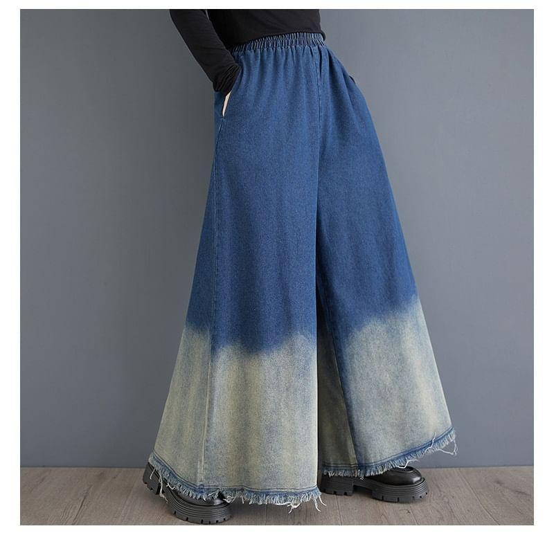 Elastic Waist Gradient Washed Frayed Wide Leg Jeans Product Image