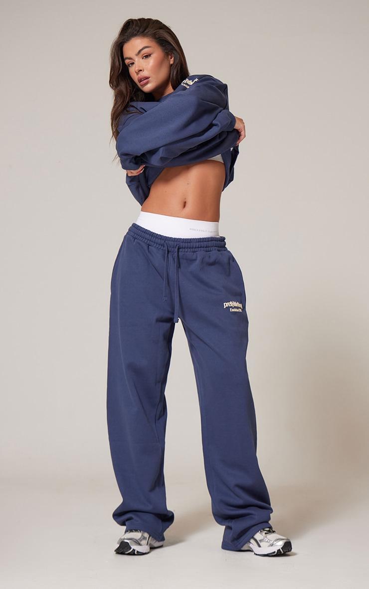 PRETTYLITTLETHING Navy Premium Print Straight Leg Joggers Product Image