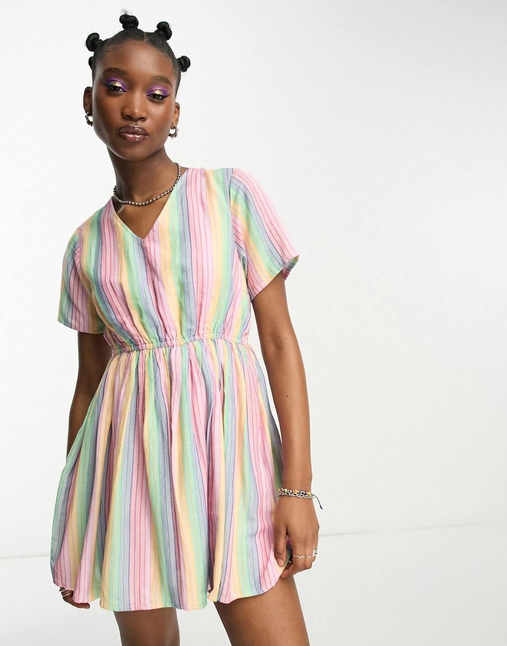 Daisy Street linen mini smock dress in rainbow stripe Product Image