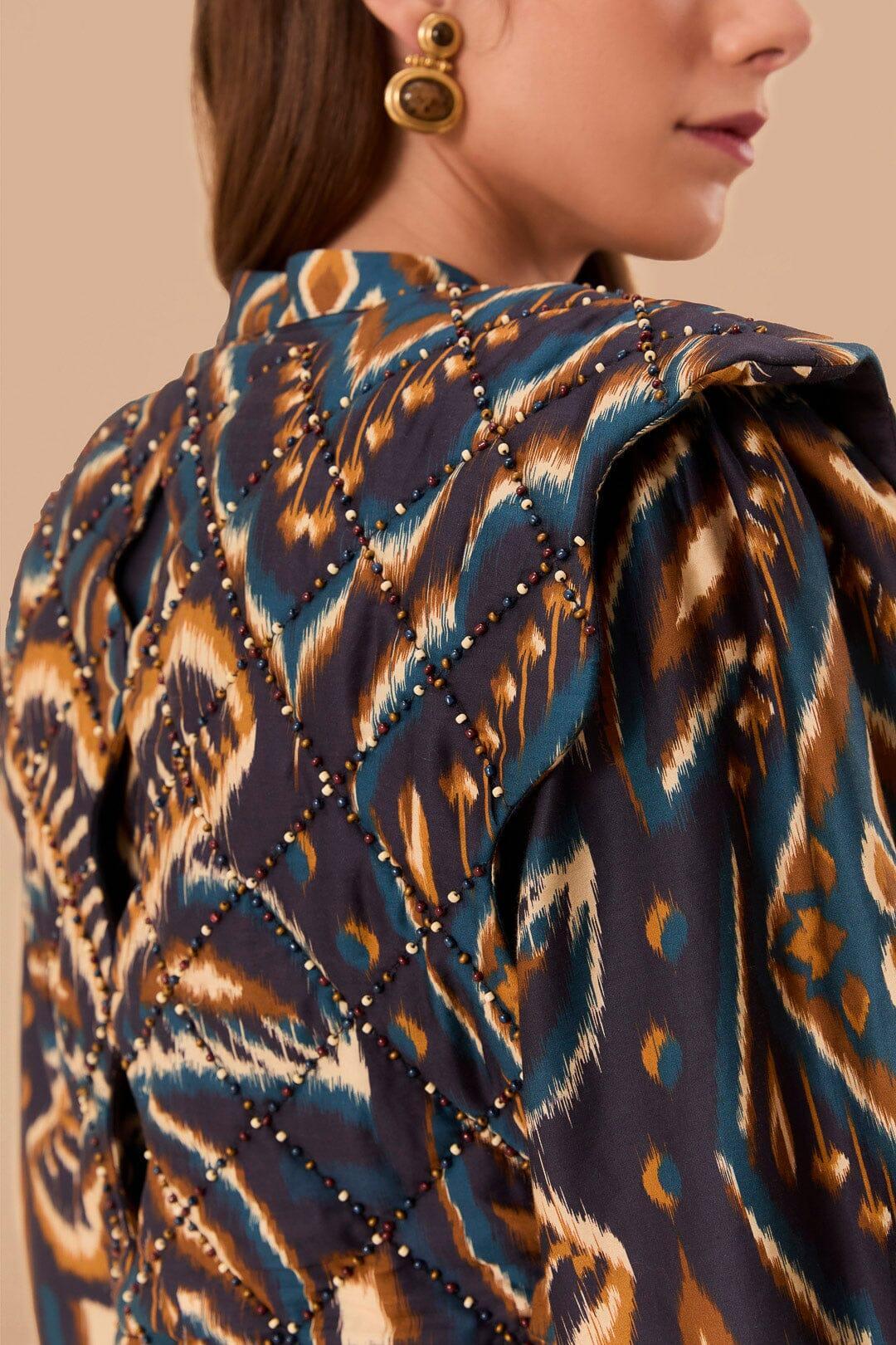 Blue Pineapple Ikat Long Sleeve Matelasse Blouse, PINEAPPLE IKAT BLUE / L Product Image