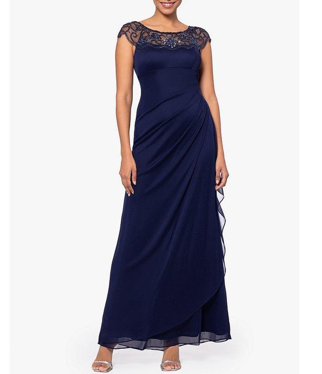 Xscape Beaded Yoke Cap Sleeve Illusion Round Neck Ruched Cascade Ruffle Side Gown Product Image