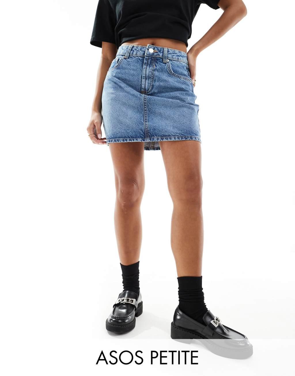 ASOS DESIGN Petite denim high waist mini skirt in midwash blue product image