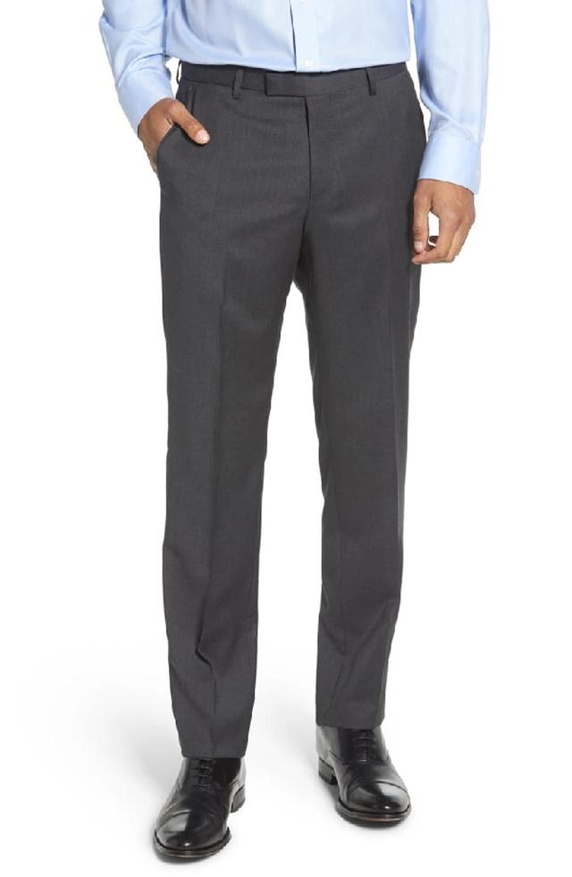 Leenon Flat Front Regular Fit Solid Wool Trousers In Charcoal Product Image