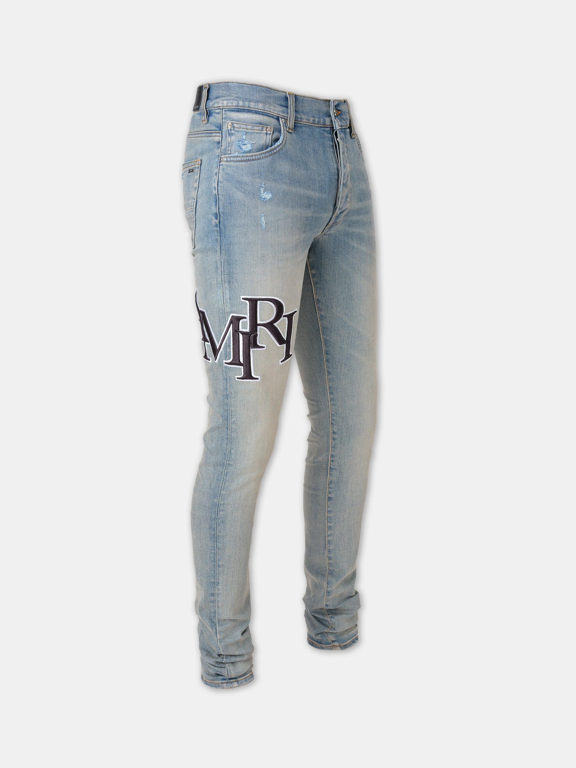 STAGGERED EMBROIDERED LOGO JEAN - Antique Indigo Male Product Image