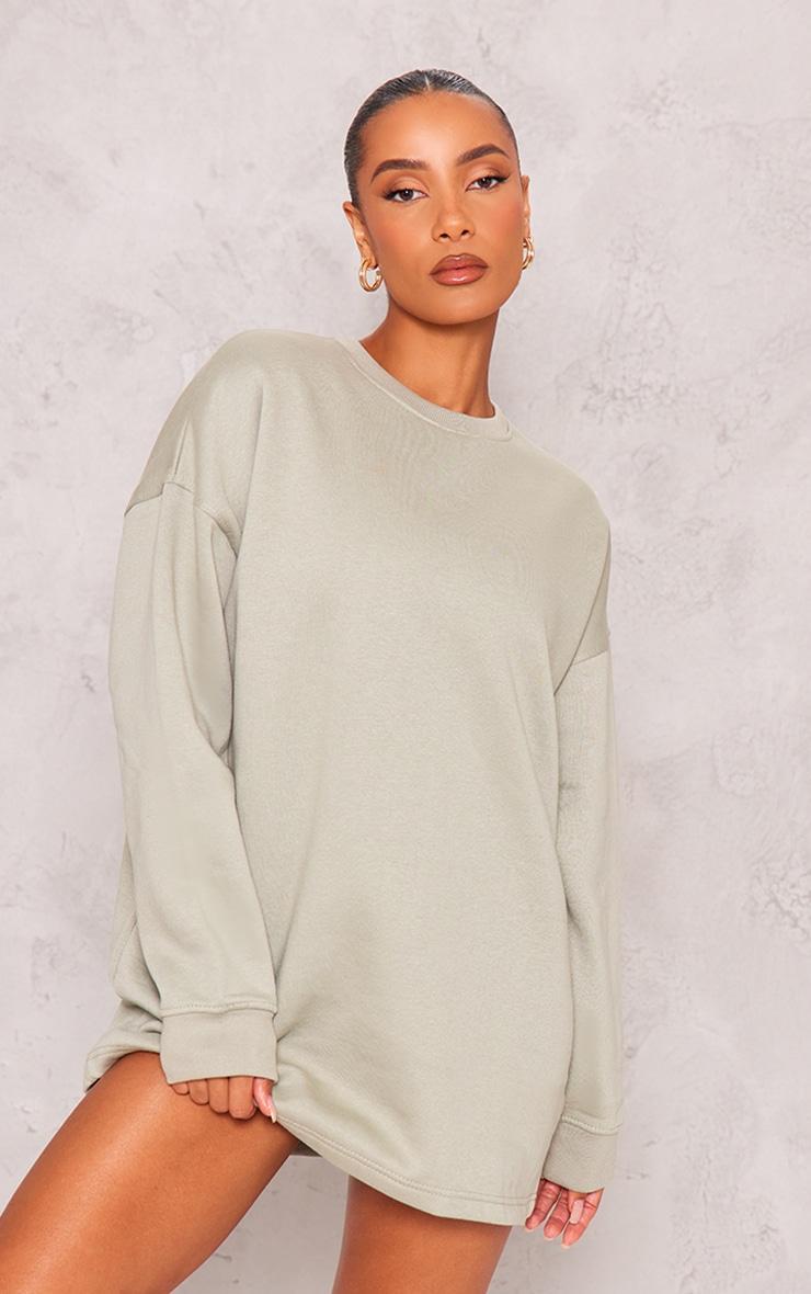  Sage Green Oversized Crew Neck Sweatshirt Sweater Dress Product Image