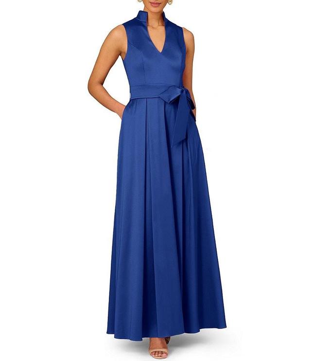 Aidan Mattox Stand Collar V-Neck Sleeveless Tie Waist Mikado Ball Gown Product Image