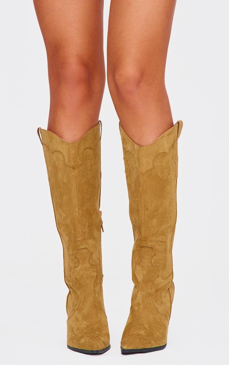 Taupe Wide Fit Faux Suede Point Toe Knee High Heeled Western Boots Product Image