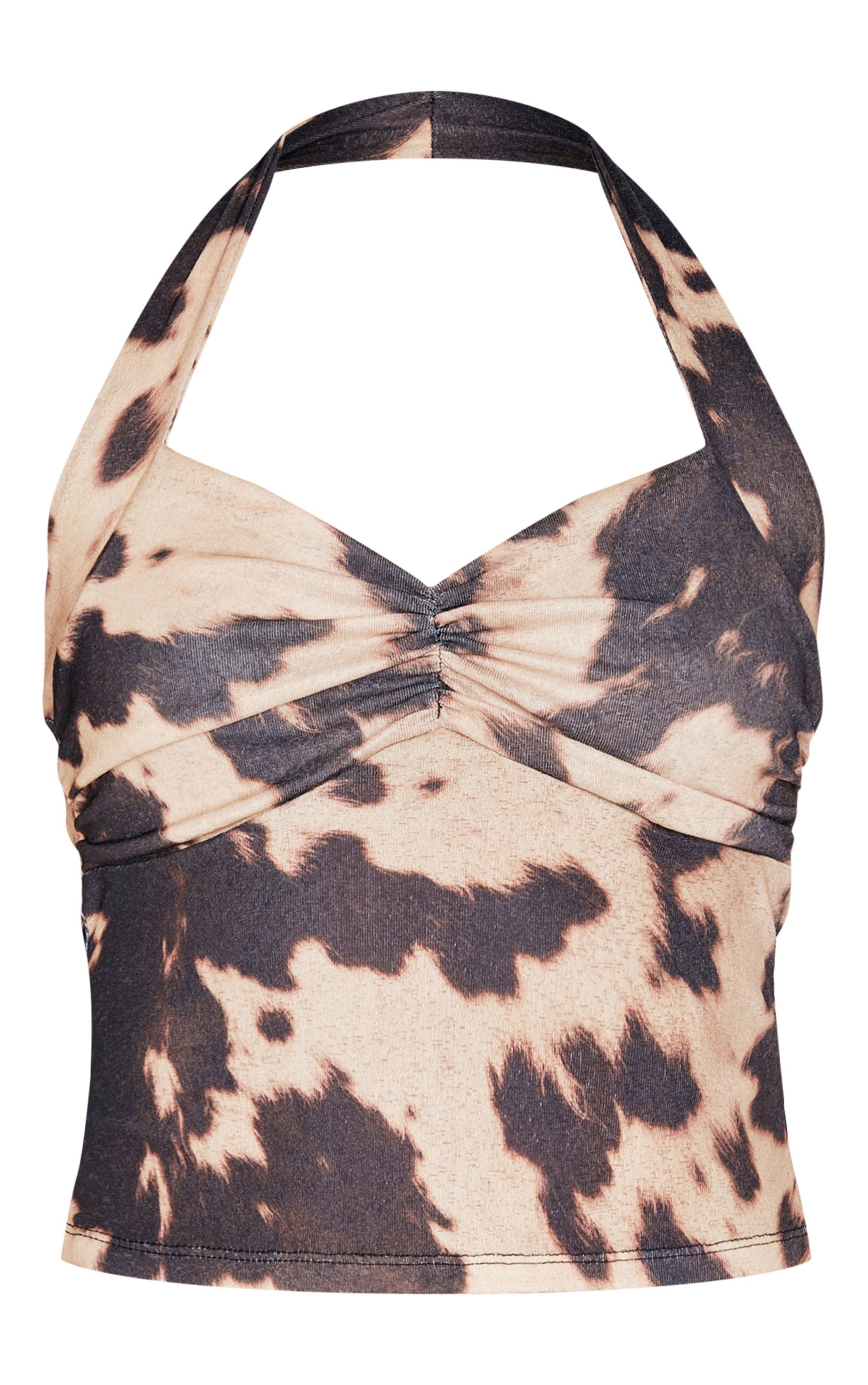 Brown Cow Print Burnout Mesh Halterneck Top Product Image