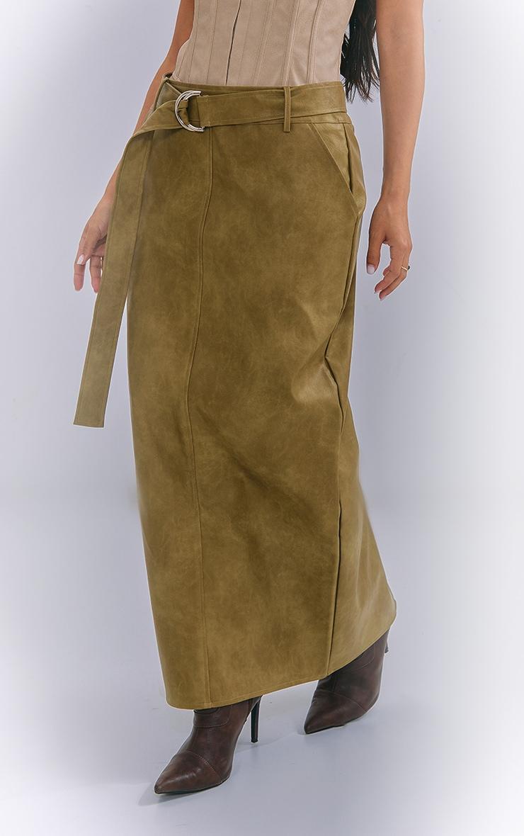 Petite Olive Washed Faux Leather Belted Midi Skirt Product Image