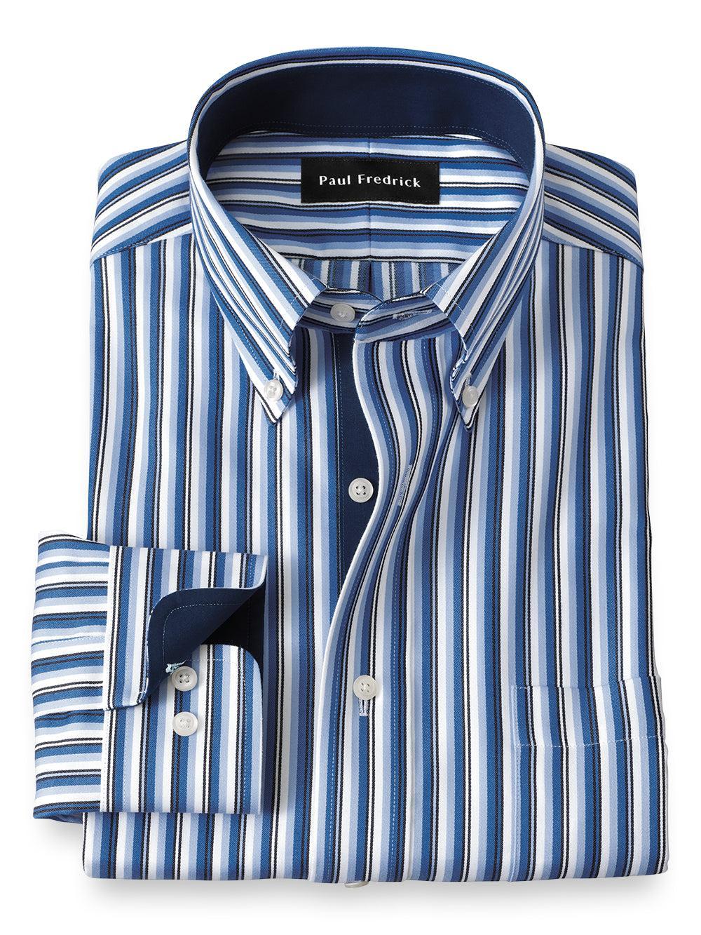 Tailored Fit Non-iron Cotton Stripe Dress Shirt With Contrast Trim Product Image