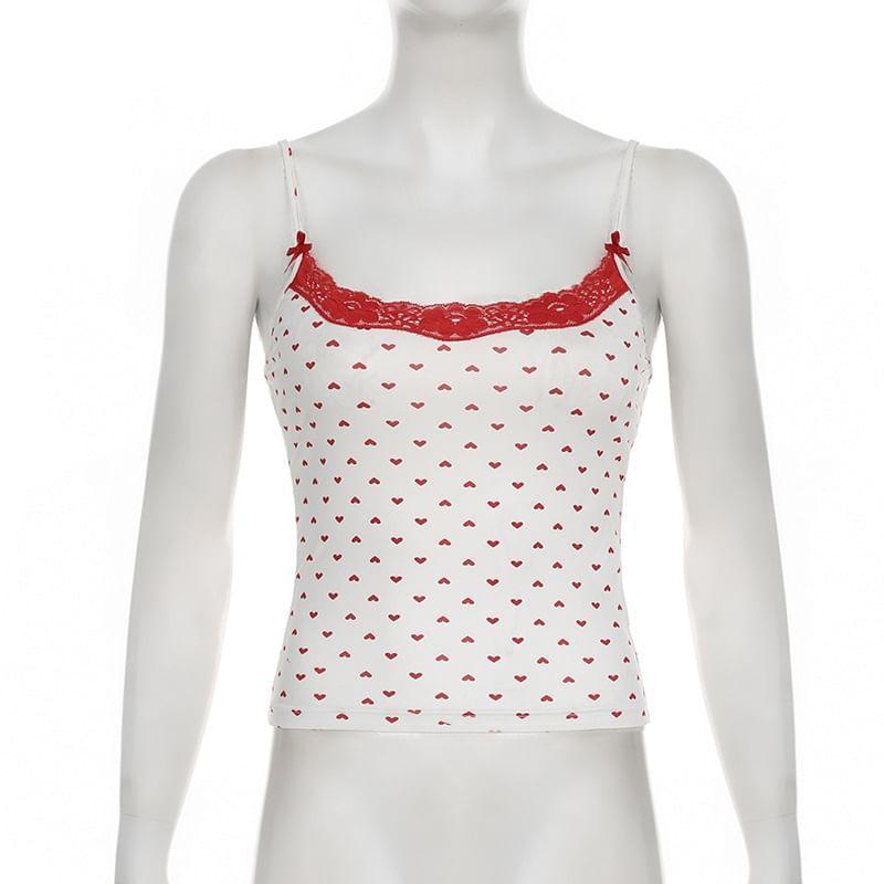 Spaghetti Strap Heart Print Lace Trim Camisole Top Product Image