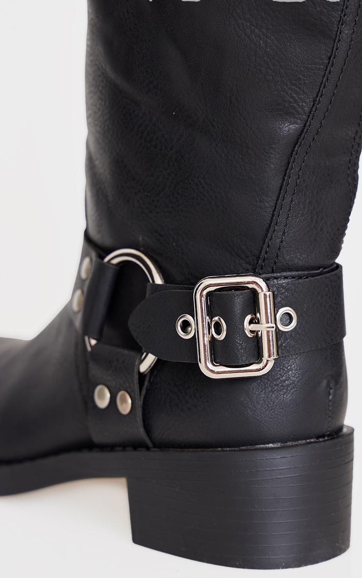 Black PU Round Toe Double Buckle Knee High Boots Product Image